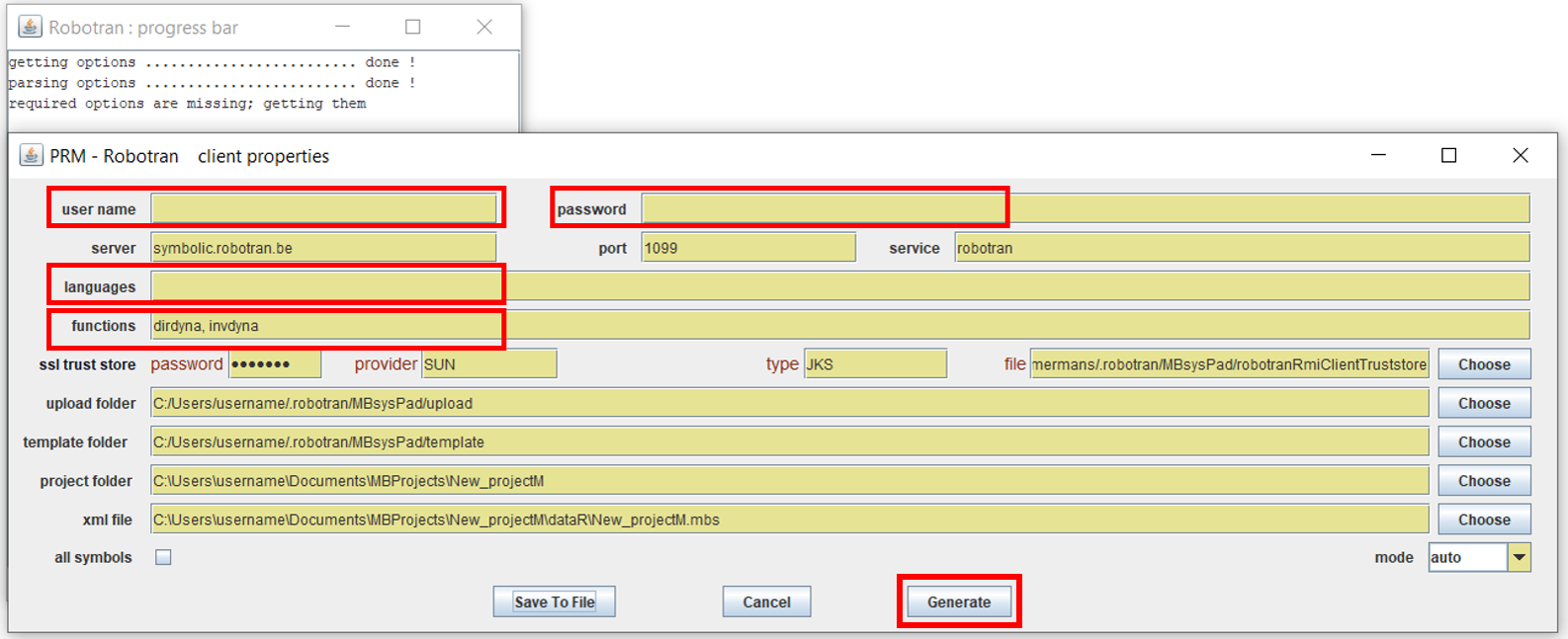 Enter your username and password in to the symbolic generation gui