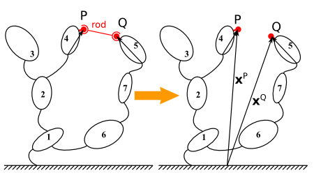 When including a rod cut, a constant distance between the points P and Q is imposed.