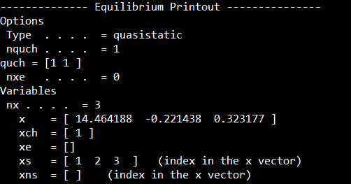 Printout of the computation for a quasistatic equilibrium
